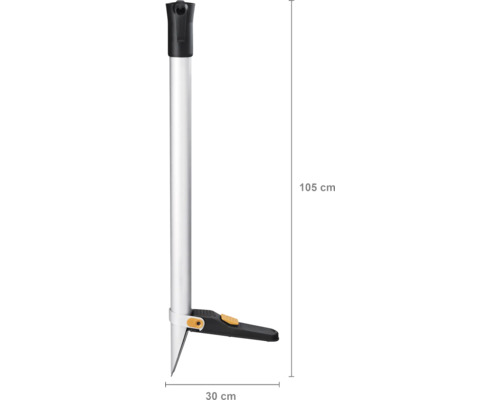 Dispozitiv de scos buruieni Fiskars cu o lungime de 105 cm și o lățime de 30 cm.