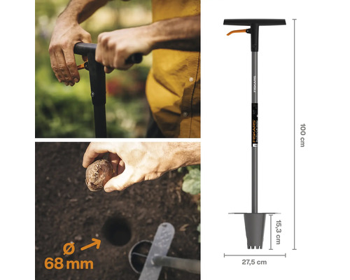 Unealtă de plantat Fiskars cu dimensiuni pentru plantarea bulbilor și răsadurilor