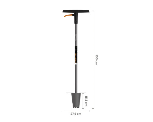 Extractor de buruieni Fiskars cu dimensiunile de 100 cm înălțime, 15,3 cm adâncime și 27,5 cm lățime.