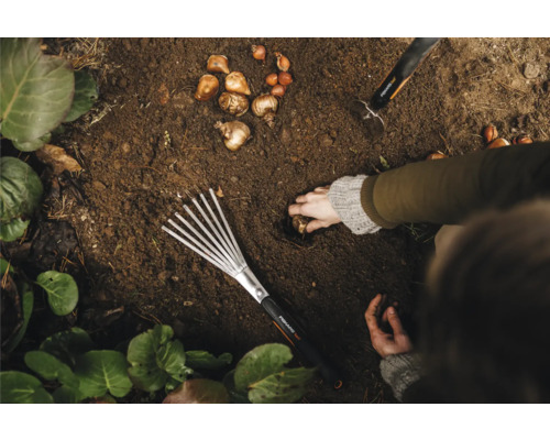 O persoană plantează bulbi de flori în pământ cu o greblă și o lopată.