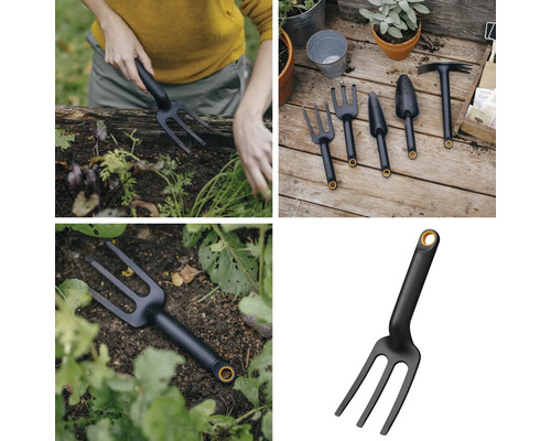 Vedere multiplă a unei furci de grădină pentru prelucrarea solului