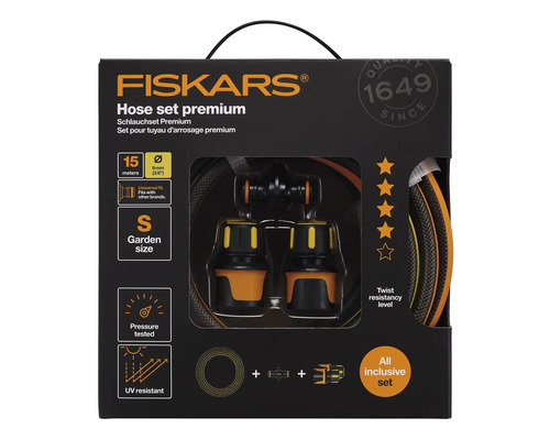 Set furtun udare grădină cu 2 conectoare 3/8" și 1 cuplaj de extensie furtun Fiskars Premium Q4, lungime 15m