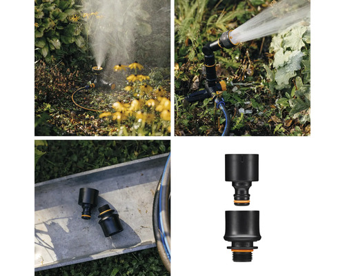 Scenă de grădină cu aspersor de gazon, sistem de irigare a grădinii cu furtun și piese de conectare