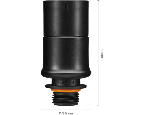 Regulator de irigare Fiskars cu dimensiunile de 7,9 cm înălțime și 3,8 cm diametru