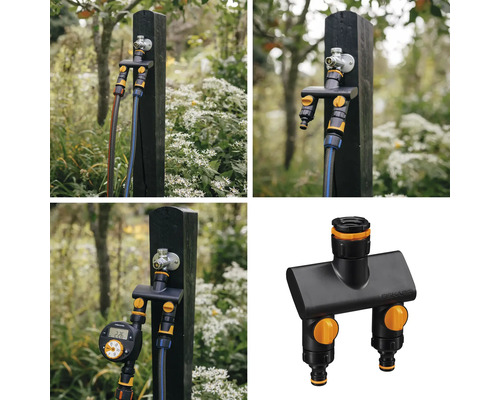 Scenă de grădină cu distribuitor de robinet pentru conectarea a două furtunuri