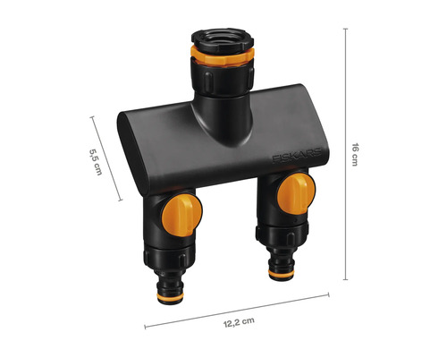 Distribuitor de apă Fiskars cu două ieșiri pentru furtunuri de grădină