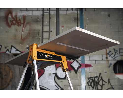 Logo Batavia pe un banc de lucru cu o ușă din lemn