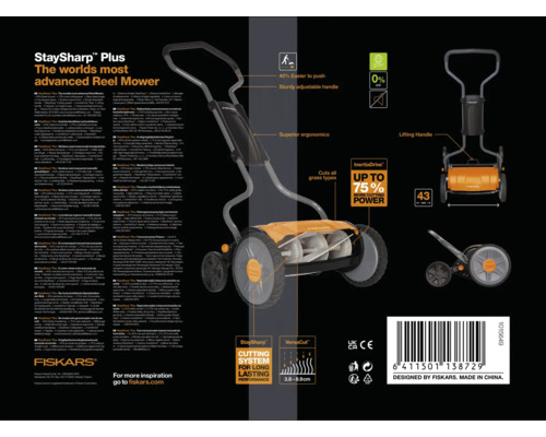 Mașină de tuns iarba manuală Fiskars cu mâner reglabil și tehnologie InertiaDrive