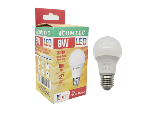 Bec LED Comtec 9 wați cu soclu E27 și ambalaj