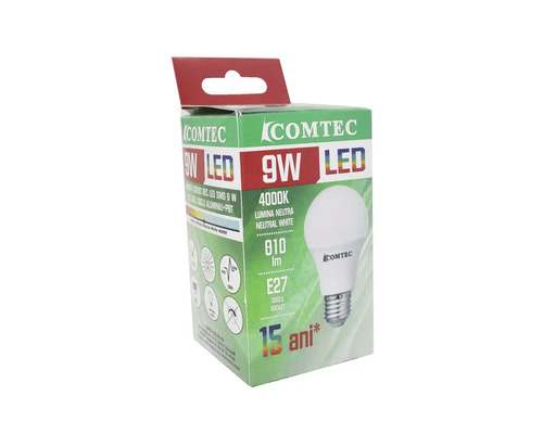 Bec LED Comtec 9 wați în ambalajul produsului