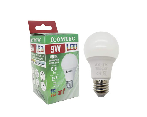 Bec LED Comtec 9 wați cu soclu E27 și ambalaj
