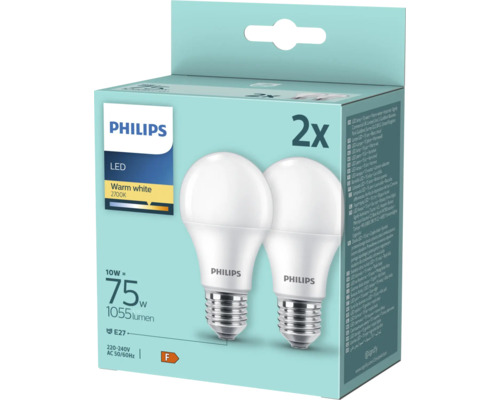 Pachet cu două becuri LED Philips, alb cald, 10 wați, soclu E27
