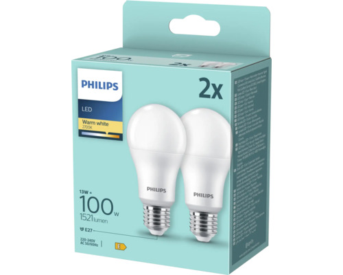Pachet de două becuri LED Philips cu soclu E27 și lumină albă caldă