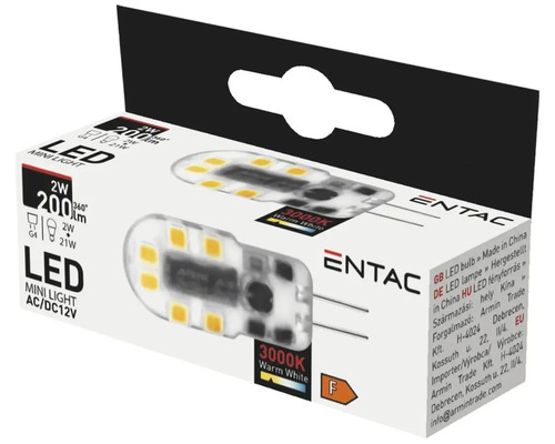 Bec LED Entac G4 2W 200 lumeni 12V, formă capsulă, lumină caldă