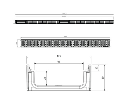 Desen tehnic al unui canal de drenaj cu dimensiuni.