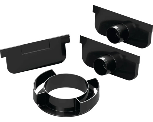 Kit ACO pentru rigolă H50 scurgere Ø110 verticală inclusiv 2 piese de capăt Accesorii pentru jgheaburi, inclusiv capac jgheab, racord tubulatură pluvială și conector jgheab