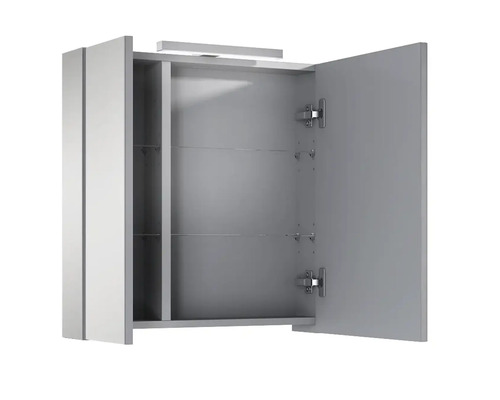 Dulap oglindă deschis cu iluminare și rafturi pentru baie