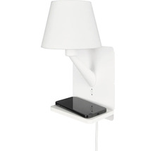 Lumină de perete albă cu raft și port USB pentru încărcarea unui telefon mobil