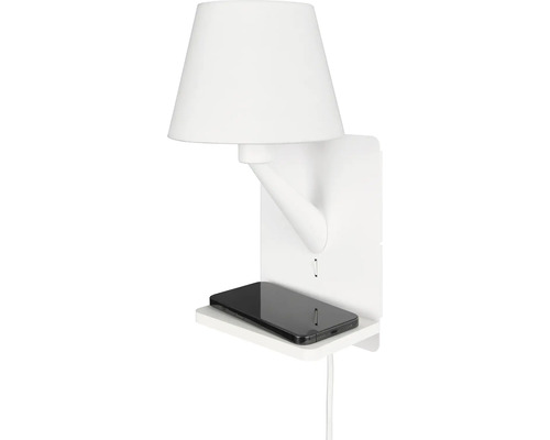 Lumină de perete albă cu raft și port USB pentru încărcarea unui telefon mobil