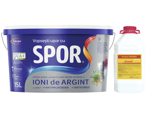 Vopsea superlavabilă pentru interior Spor cu ioni de argint albă 15 l + amorsă 5 l