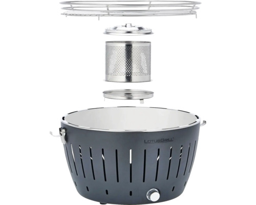 Vizualizare explodată a unui grătar LotusGrill cu accesorii