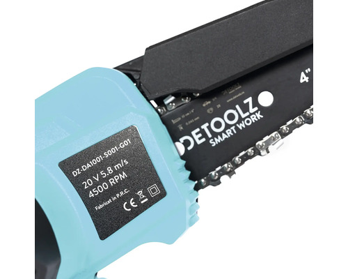 Mini drujbă Detoolz cu specificații tehnice și sigla companiei