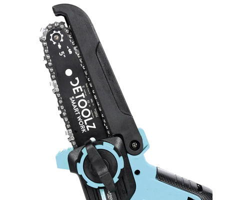 Vizualizare detaliată a unui mic motofierăstrău cu acumulator