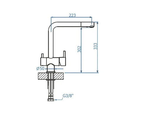 Desen tehnic al unei baterii de bucătărie cu dimensiuni
