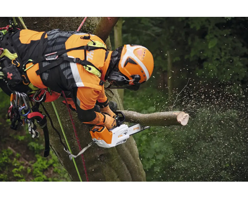 Arborist cu echipament de protecție și motofierăstrău lucrând la un copac