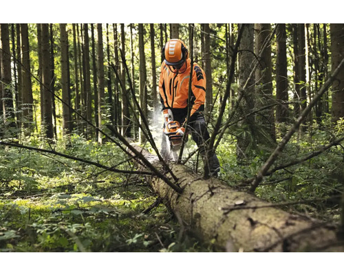 Muncitor forestier cu drujba care taie un copac