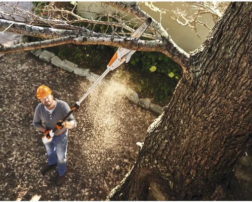 Bărbat cu cască de protecție și motoferăstrău pe tijă tăind un copac