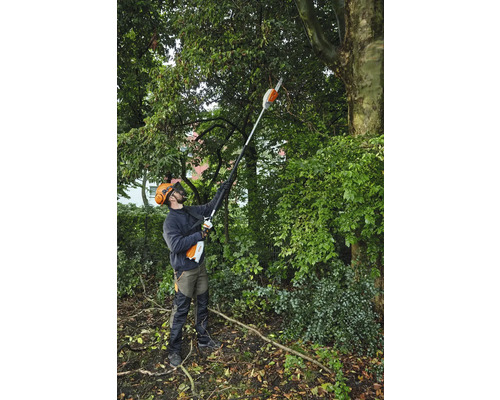 Bărbat cu motoferăstrău cu lanț telescopic care îngrijește copacii în grădină