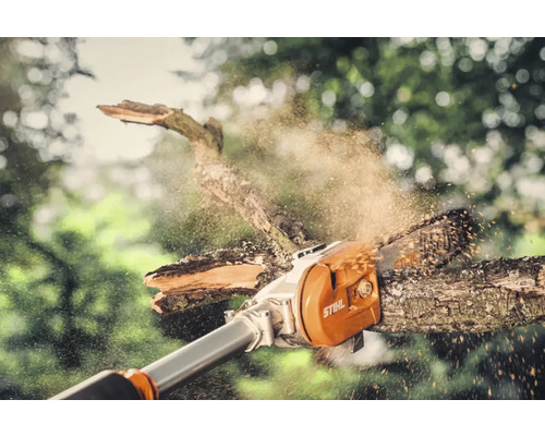 Fierăstrău de tăiat crengi tăind o creangă cu rumeguș în aer