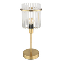 Lampă de masă cu tije din sticlă transparentă și bază metalică aurie