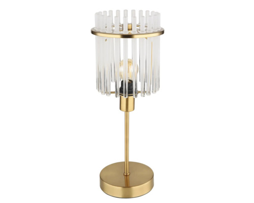 Lampă de masă cu tije din sticlă transparentă și bază metalică aurie