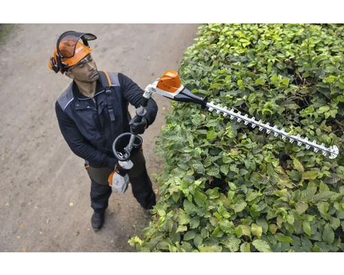 Bărbat tăind un gard viu cu o foarfecă de tăiat gardul viu