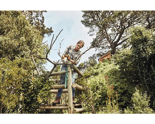Femeie lucrează în grădină stând pe o scară de lemn și taie crengi cu un fierăstrău.