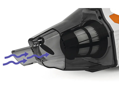 Prim-plan cu aspirator portabil cu recipient pentru praf și filtru