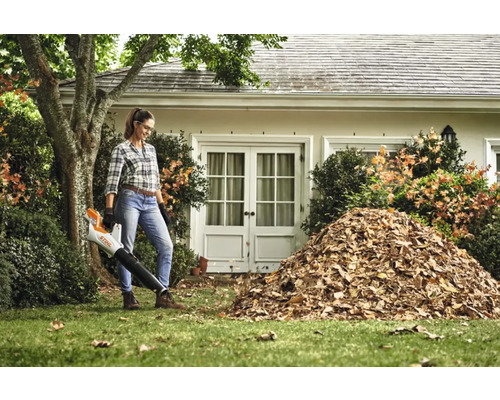 Femeie folosind o suflantă de frunze fără fir marca Stihl pentru a aduna frunzele pe un gazon.