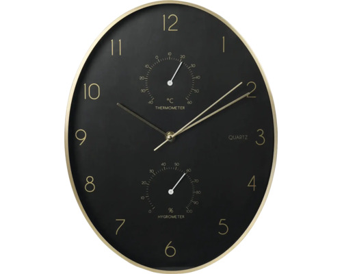 Ceas de perete cu termometru & higrometru negru/auriu 34,5x27,1 cm Ceas analog de perete cu termometru și higrometru