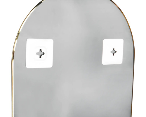 Detaliu al spatelui unei oglinzi cu elemente de fixare pentru montare pe perete