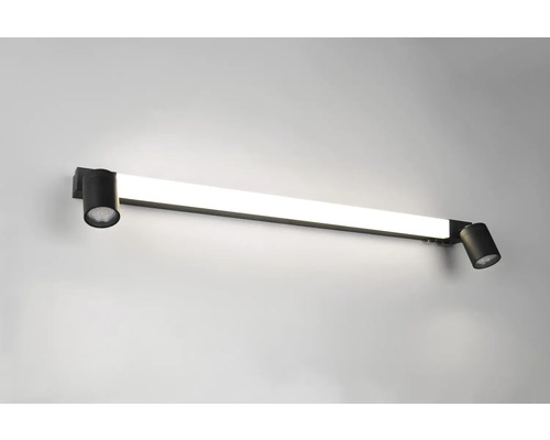 Lumină de perete LED neagră cu două spoturi și o sursă de lumină liniară
