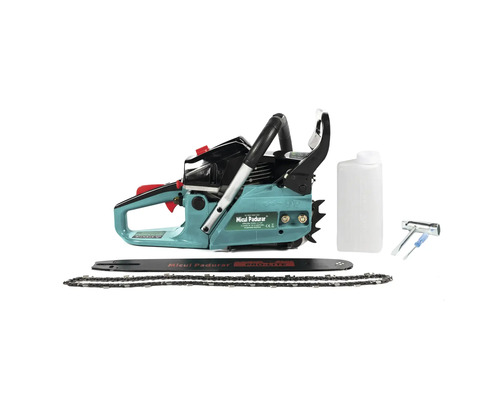 Drujba cu accesorii precum șină, lanț, unelte și recipient pentru ulei