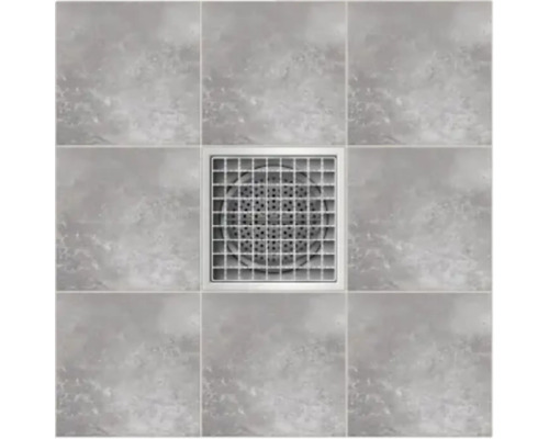 Sifon de pardoseală pătrat metalic cu grătar pe gresie