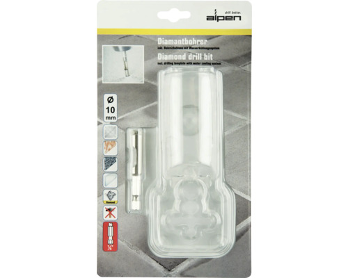 Burghiu diamantat Alpen 10 mm cu șablon de găurire și sistem de răcire cu apă