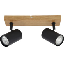 Lumină de plafon cu două spoturi negre și aspect de lemn