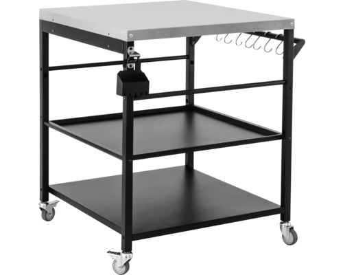 Cărucior de servire cu blat de lucru, două rafturi, deschizător de sticle și cârlige