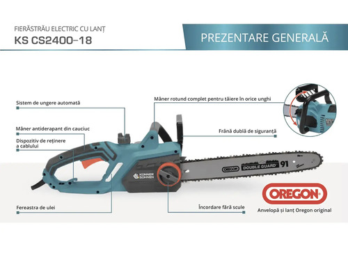 Fierăstrău electric cu diverse funcții și lanț Oregon