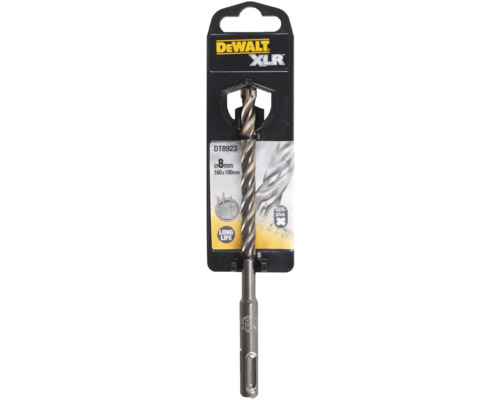 Sigla DeWalt. Burghiu DeWalt XLR cu diametrul de opt milimetri, dimensiunea de 160 pe 100 milimetri și marcajul SDS-Plus pentru o durată lungă de viață.
