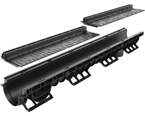Rigolă polipropilenă VODALAND grătar polipropilenă negru 145x156x1000 mm scurgere verticală Ø 110 mm A15 trafic pietonal cu element de curățare Rigolă polipropilenă VODALAND grătar polipropilenă negru 145x156x1000 mm scurgere verticală Ø 110 mm A15 trafic pietonal cu element de curățare